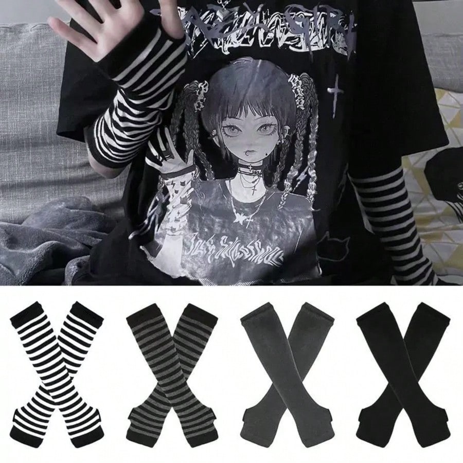 1 Pair Y2K Punk Striped Knitte - Fingerless Glove Knit recensie en prijs